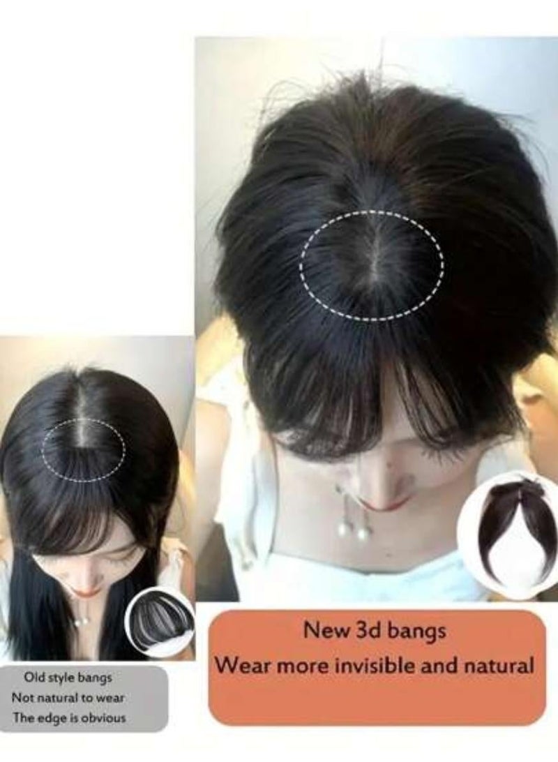 KHAJUL 3D Clip-in Bangs, Heat Resistant Synthetic Hair Fringe with Middle Part, French Style Wispy Hairpiece for Women, Dark Brown - Image 4
